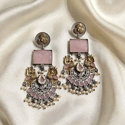 Dual Tone Peacock Long Earrings With Stone