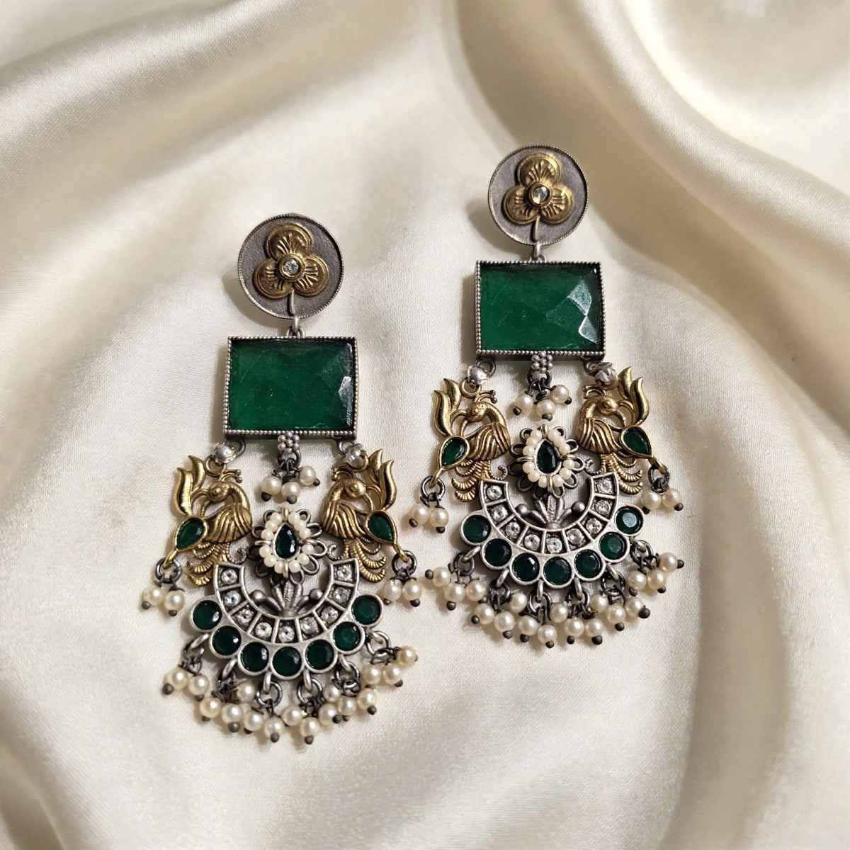 Dual Tone Peacock Long Earrings With Stone