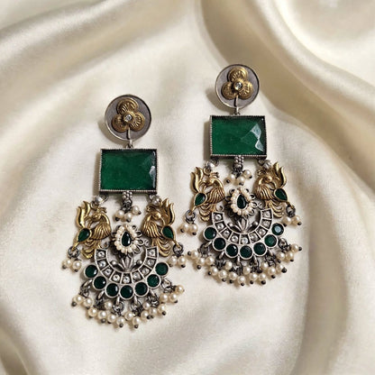 Dual Tone Peacock Long Earrings With Stone