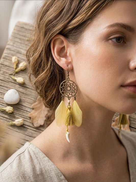 Yellow Dreamcatcher Tassel & Feather Earrings