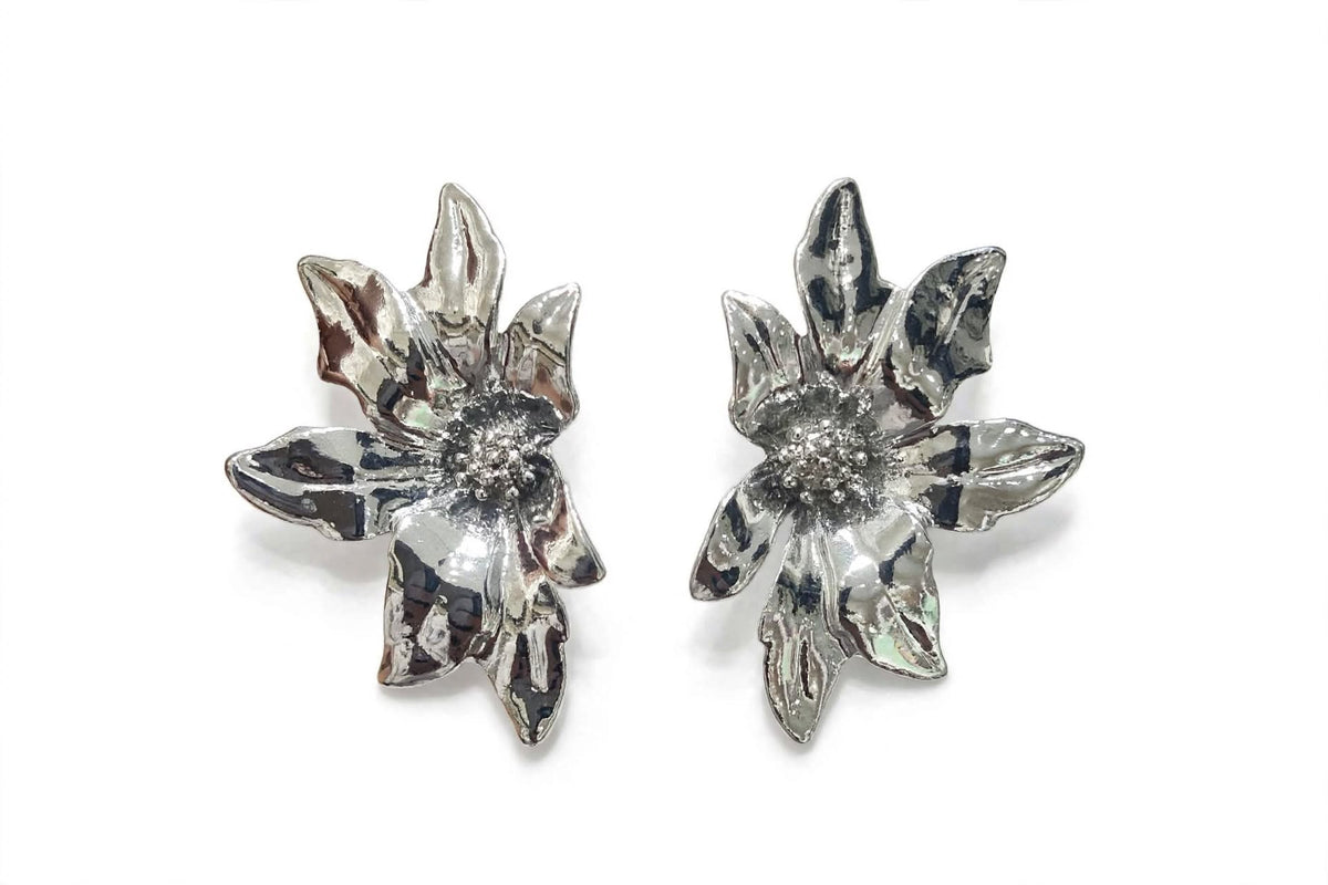Flora Bloom Statement Stud Earrings - Silver Molten Flower