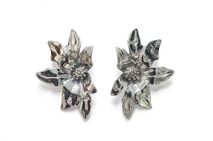 Flora Bloom Statement Stud Earrings - Silver Molten Flower