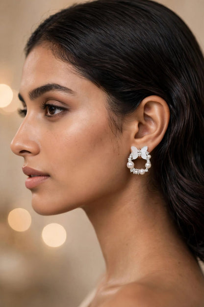 Butterfly Pearl & Crystal Hoop Silver Earrings