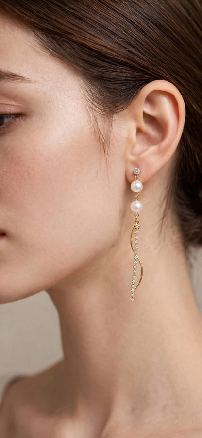 Serpentine Double Pearl Wavy Diamond Drop Earrings - Gold