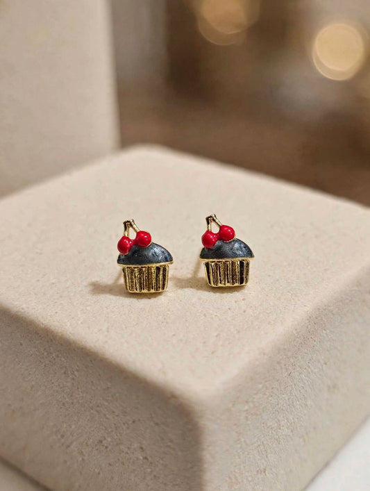 Cherry on Top - Gold Cupcake Stud Earrings