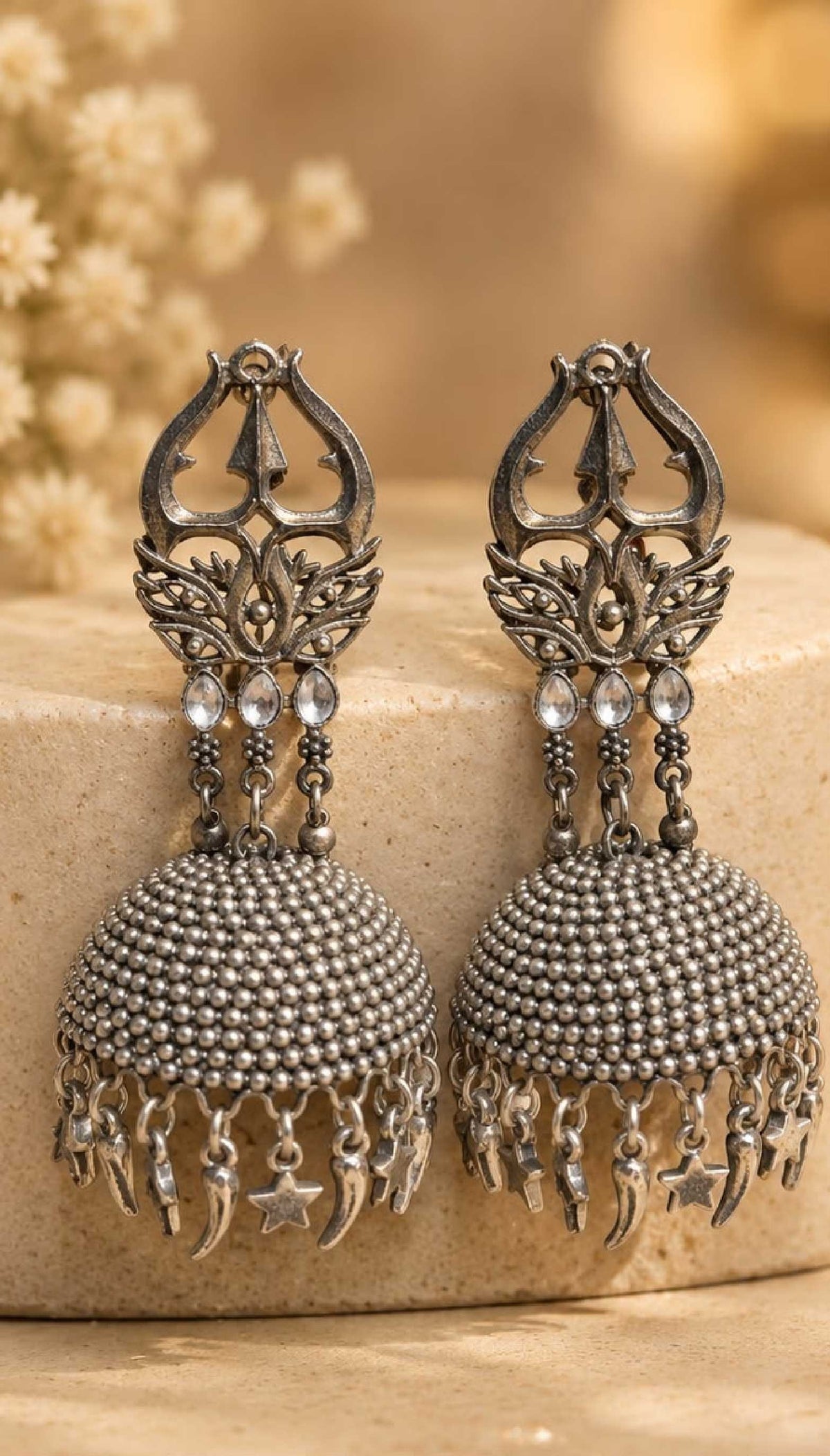 Noor Tara Oxidized Silver Boho Jhumka Earrings