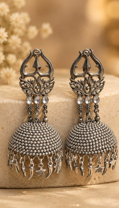 Noor Tara Oxidized Silver Boho Jhumka Earrings