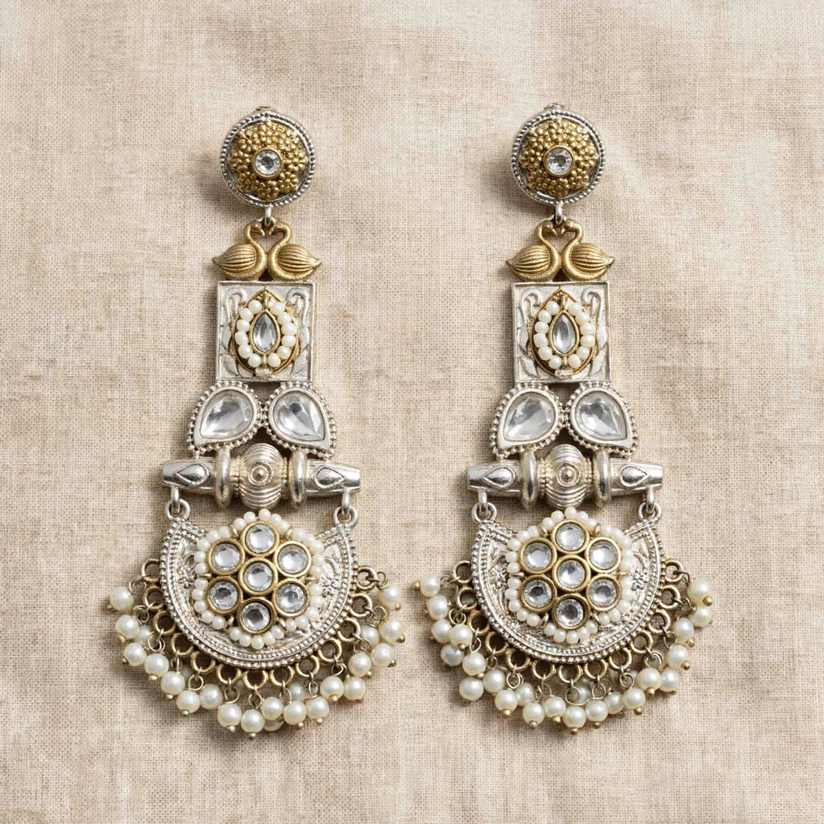 Dual Tone Kundan Pearl Long Jhumka Earrings