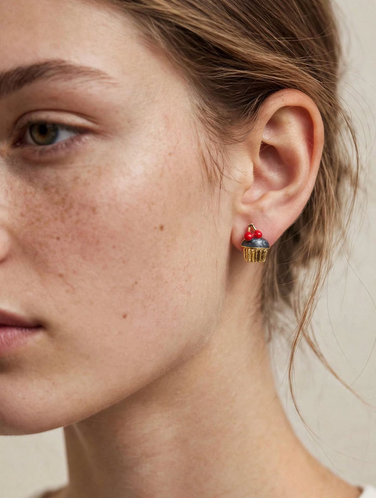 Cherry on Top - Gold Cupcake Stud Earrings