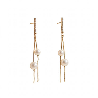 Lumi Double Pearl Floating Chain Earrings - Gold