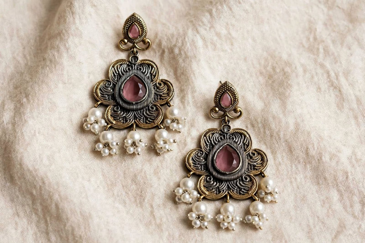 Dual Tone Floral Pearl Earrings With Stone