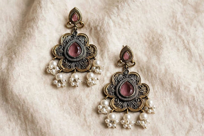 Dual Tone Floral Pearl Earrings With Stone