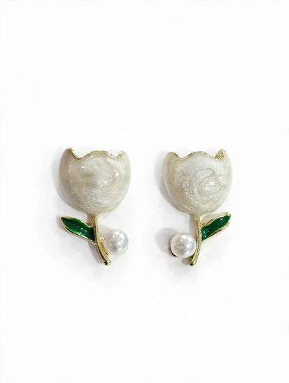 Tulip Bloom - Enamel Pearl Stud Earrings
