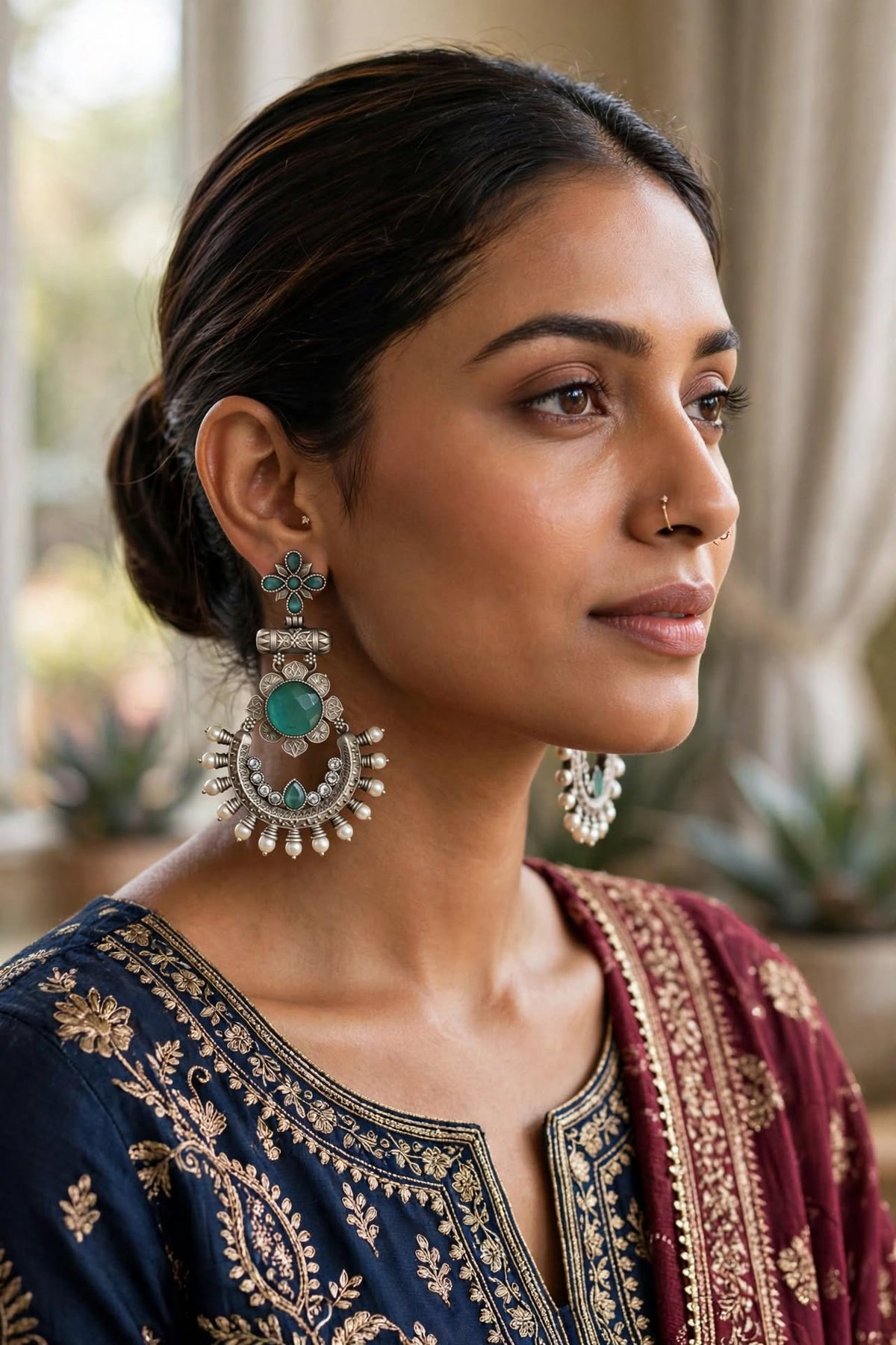 Oxidized Silver Stone Chandbali Earrings