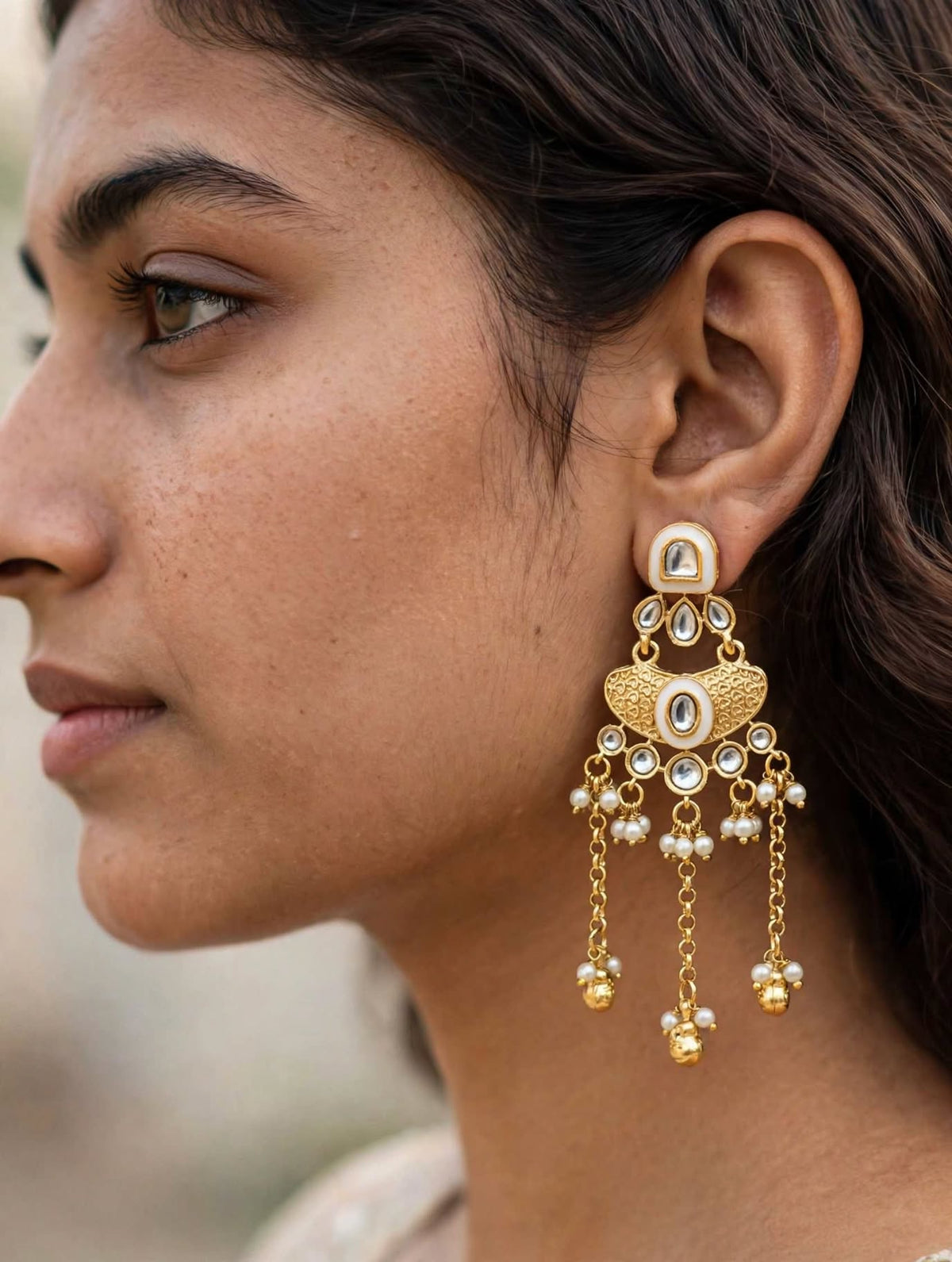 Noor Kundan Chandelier Earrings with Pearl Drops