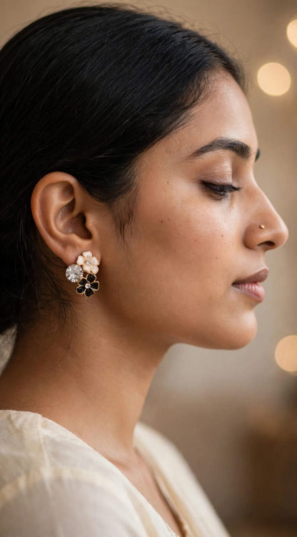 Noir Blossom Trio Flower Crystal Stud Earrings