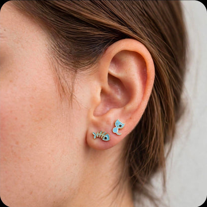 Kitty's Catch - Mismatched Cat & Fishbone Stud Earrings