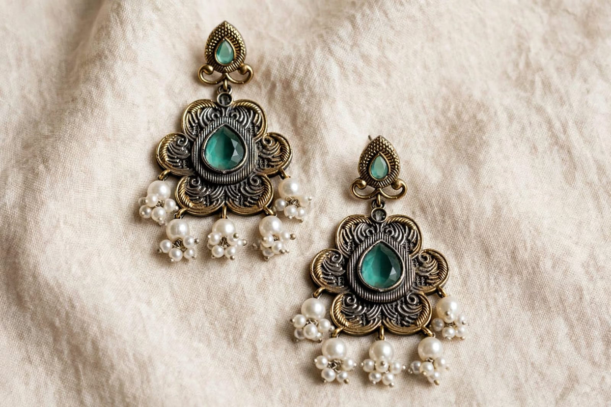 Dual Tone Floral Pearl Earrings With Stone