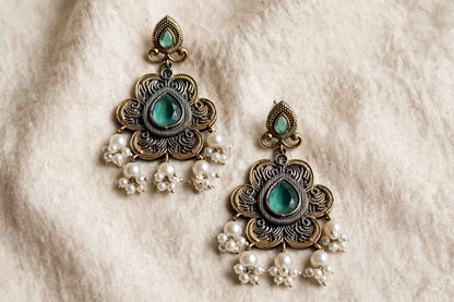 Dual Tone Floral Pearl Earrings With Stone