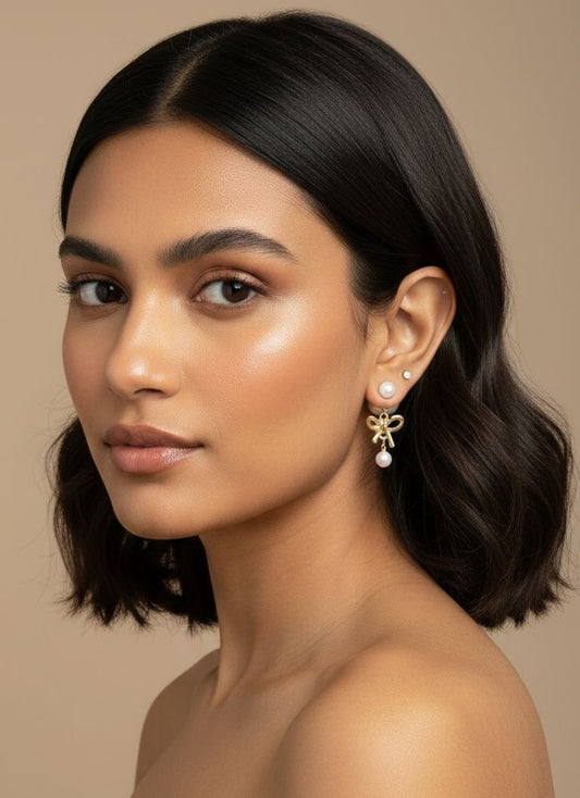 Golden Bow & Pearl Drop Earrings