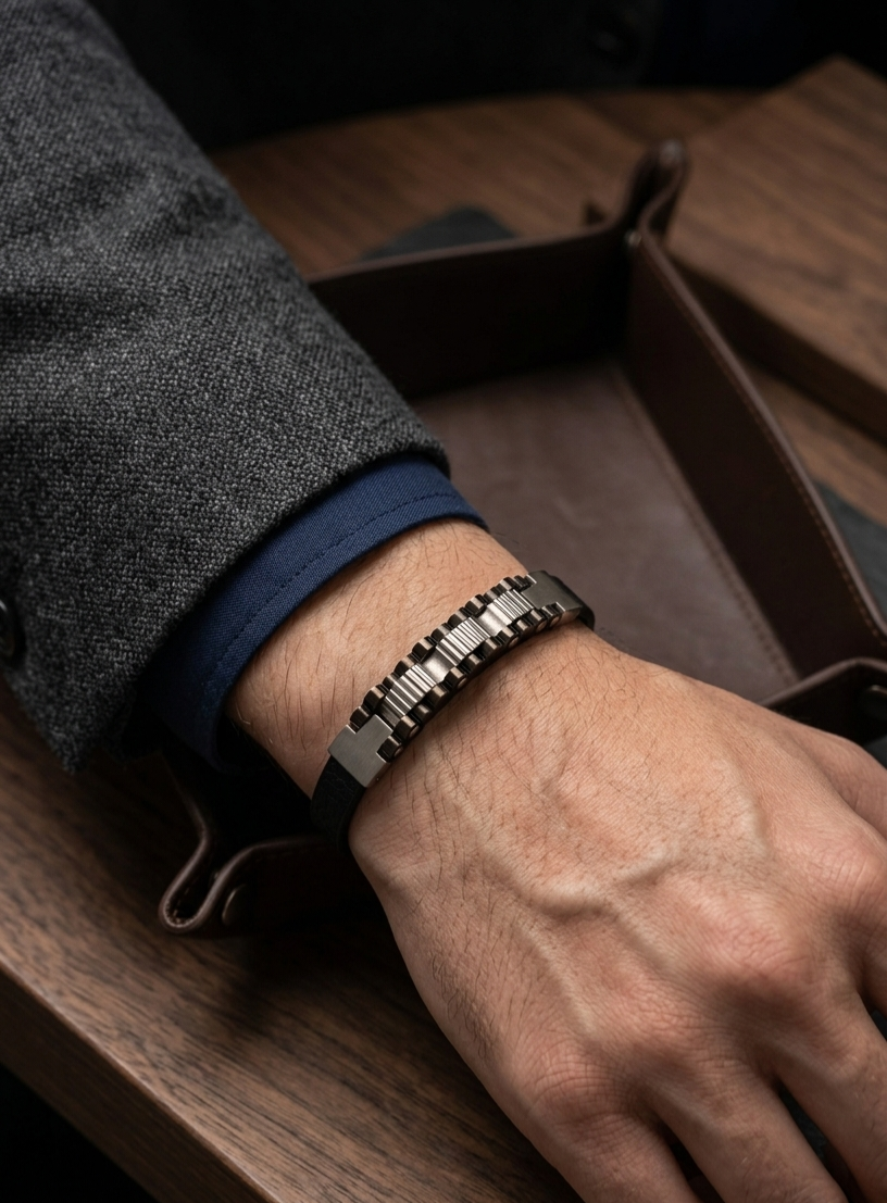 Urban Edge: Dual-Tone Stainless Steel & Leather Bracelet
