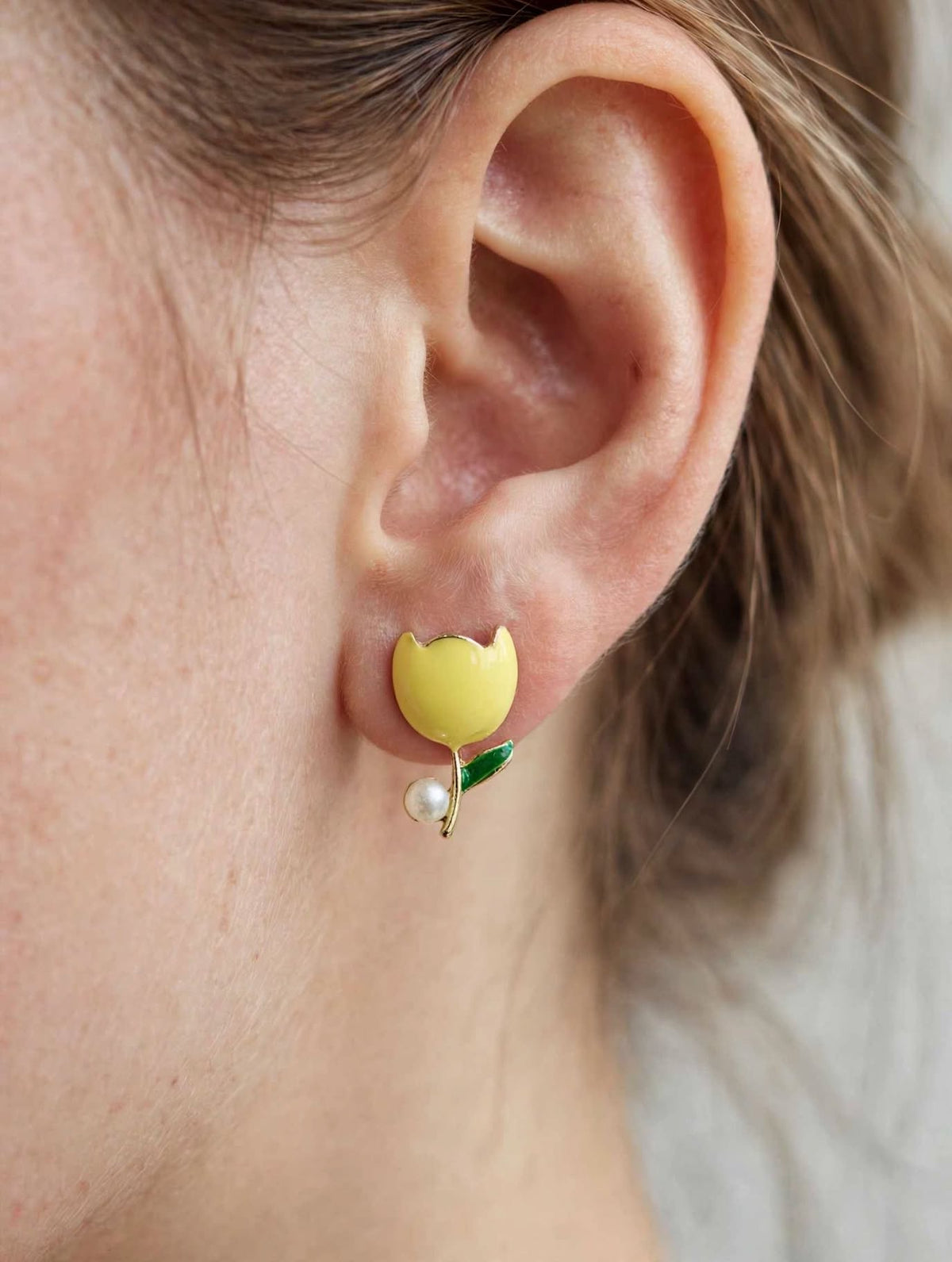 Tulip Bloom - Enamel Pearl Stud Earrings