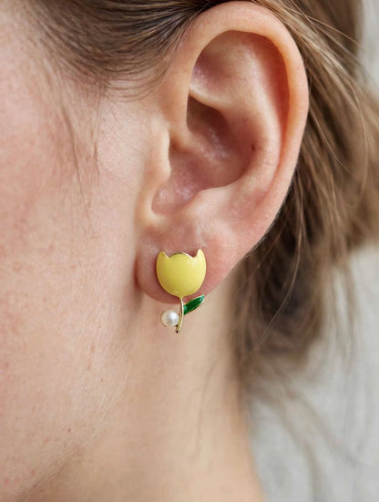 Tulip Bloom - Enamel Pearl Stud Earrings