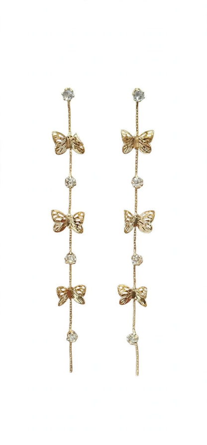 Flutter Triple Butterfly Long Chain  Earrings - Gold