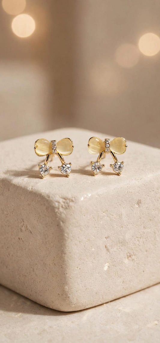 Cherry Bow - Gold Bow & Crystal Drop Earrings