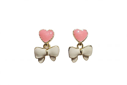 Sweetheart Bow Drop Earrings - Pink & White Enamel