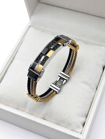 Black Gold Silver Tri-Color Cable Bracelet for Men