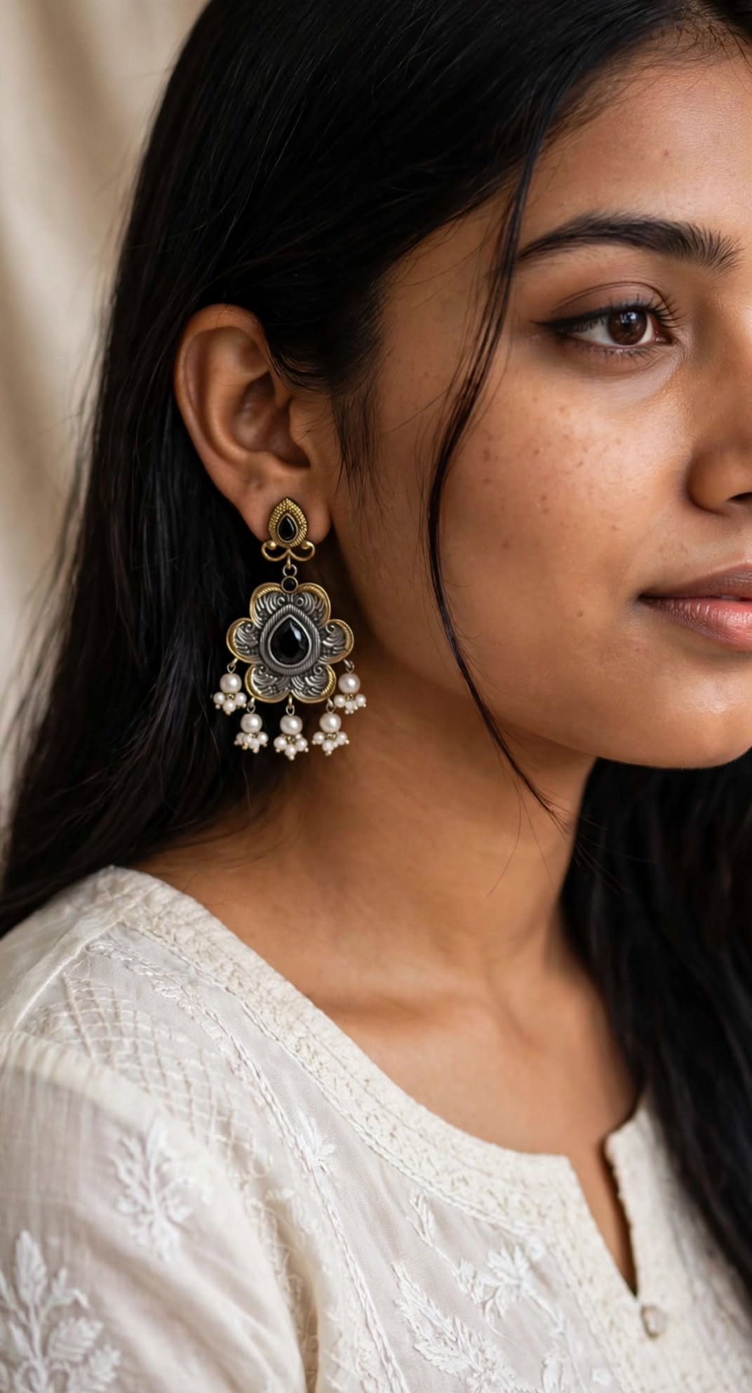 Dual Tone Floral Pearl Earrings With Stone
