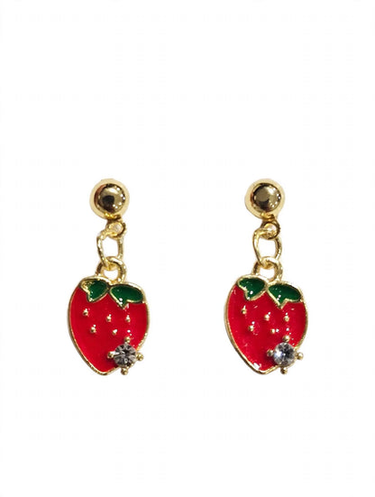 Red Strawberry Enamel Crystal Drop Earrings