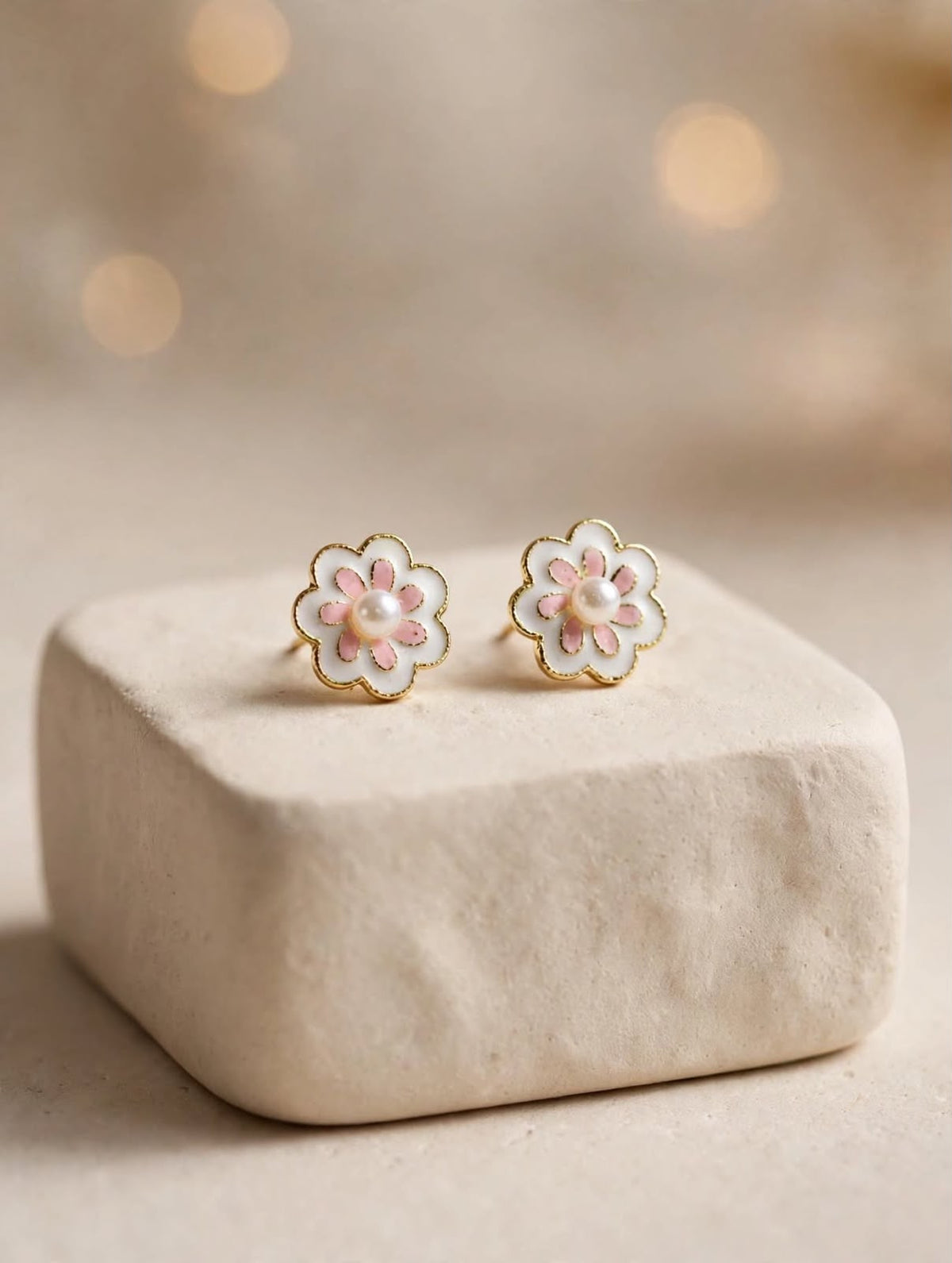 Blossom Pearl Daisy Stud Earrings - Pink & White
