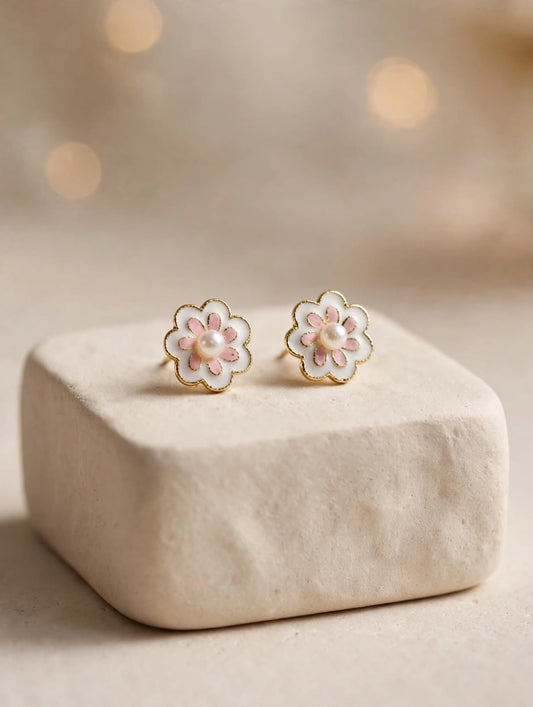 Blossom Pearl Daisy Stud Earrings - Pink & White