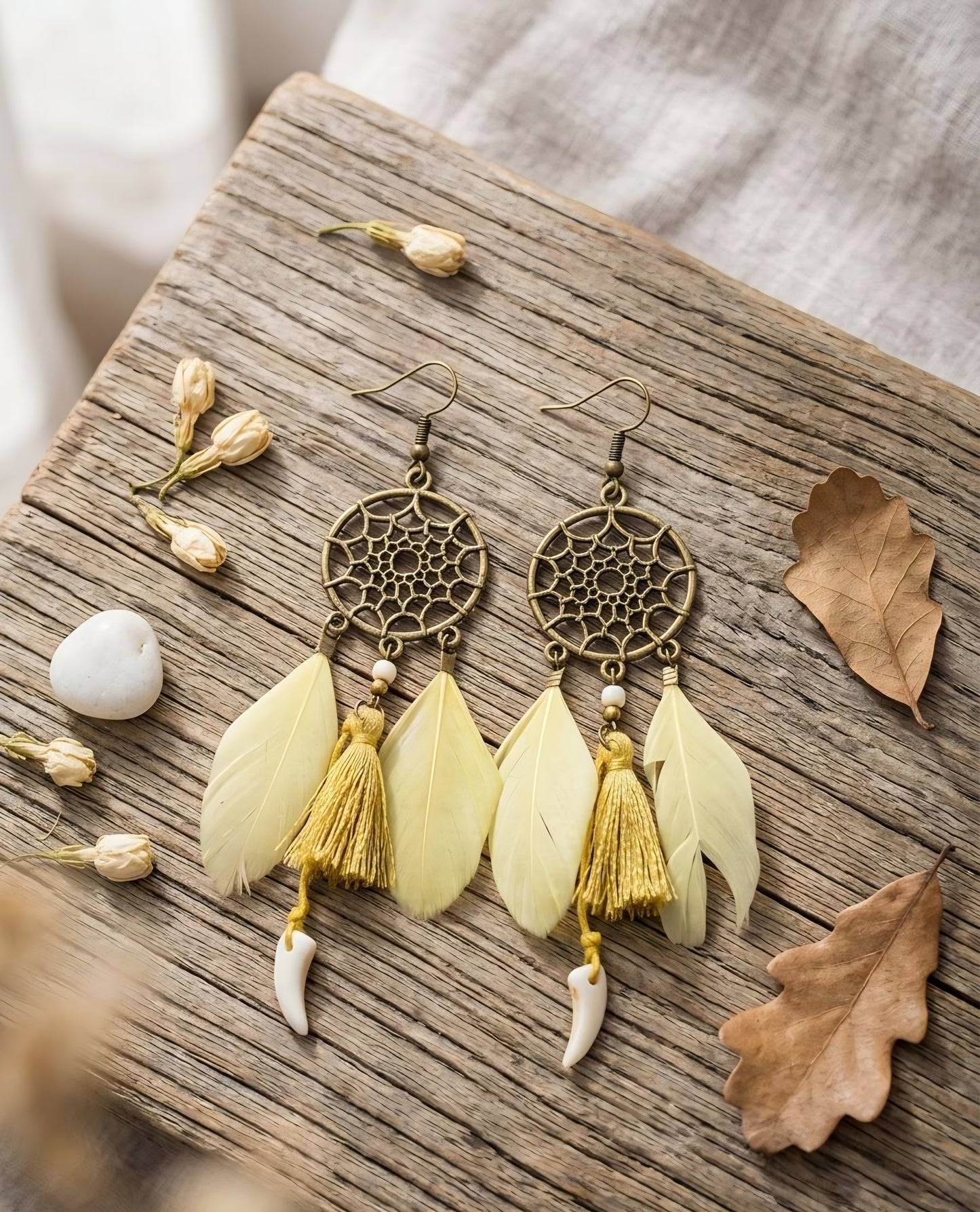 Yellow Dreamcatcher Tassel & Feather Earrings