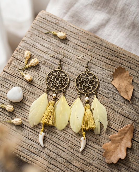Yellow Dreamcatcher Tassel & Feather Earrings
