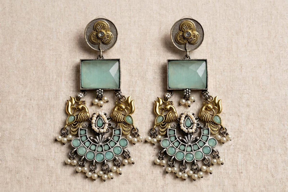 Dual Tone Peacock Long Earrings With Stone