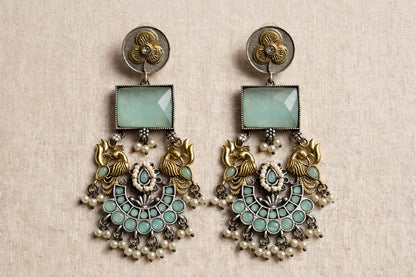 Dual Tone Peacock Long Earrings With Stone