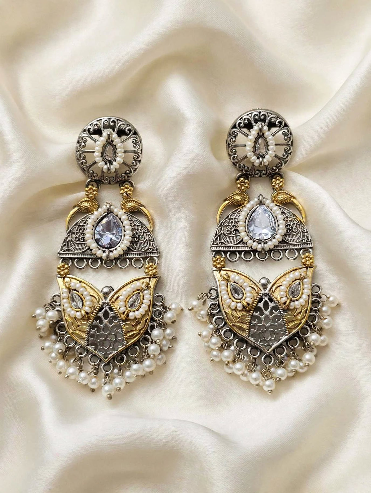 Dual-Tone Oxidized Silver Statement Jhumka Earrings with Pearls