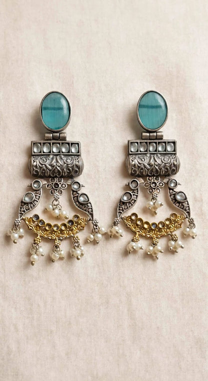 Peacock Oxidized Silver Statement Chandbalis
