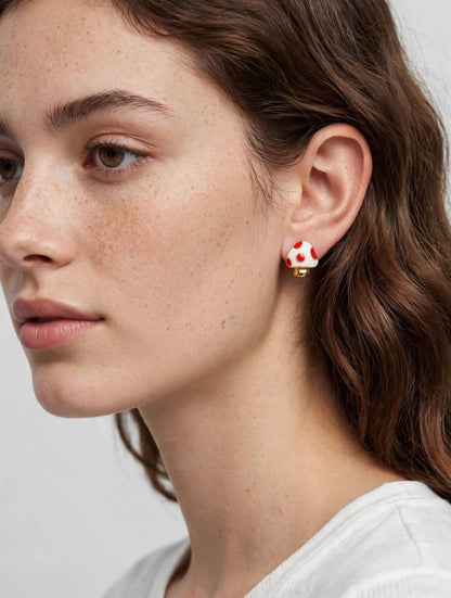 Mushroom Stud Earrings Enamel Polka Dot