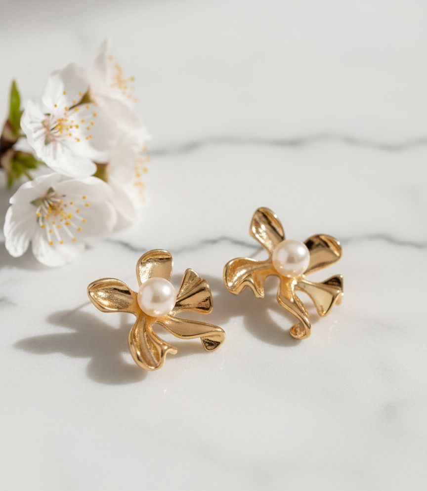 Golden Blossom Pearl Studs