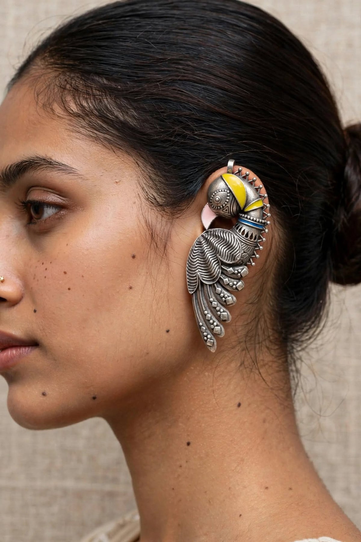 Oxidized Silver Ear Cuff Earrings - Tribal Parrot Motif