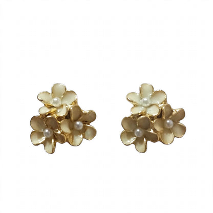 Ivory Bouquet Triple Flower Pearl Stud Earrings