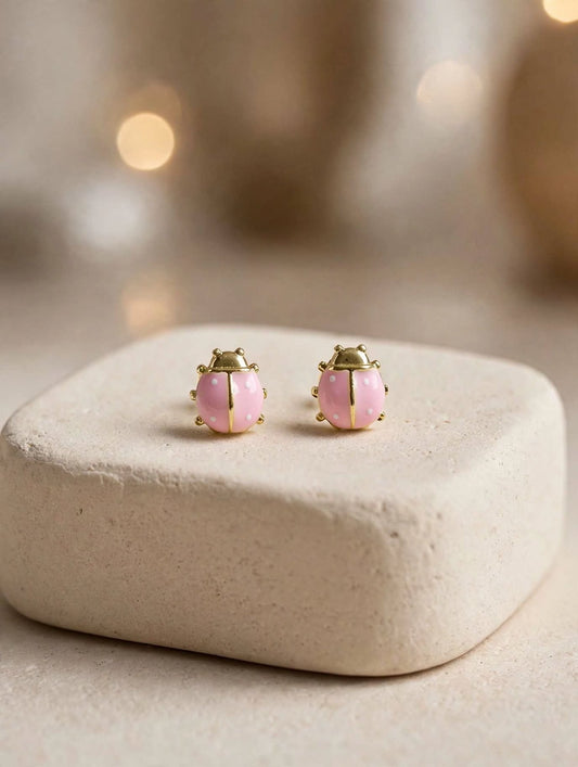 Pink Polka Dot Mini Ladybug Enamel Stud Earrings