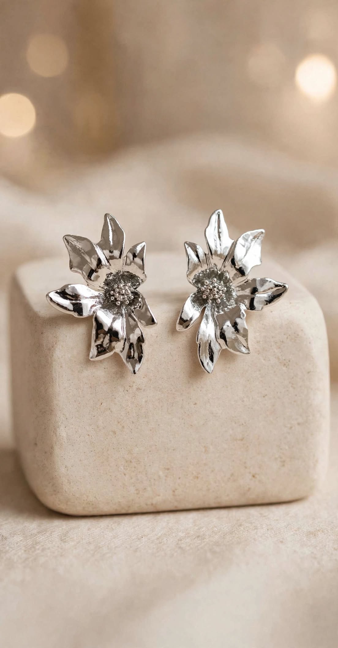 Flora Bloom Statement Stud Earrings - Silver Molten Flower
