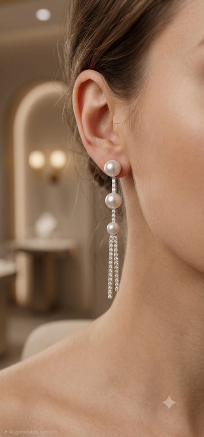 Triple Pearl Crystal Tassel Drop Earrings - Silver