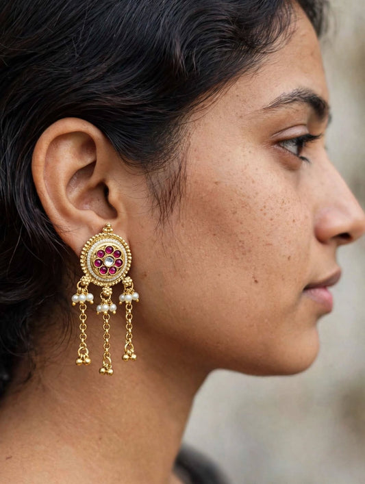 Rajwada Round Stud Earrings with Chain Drops