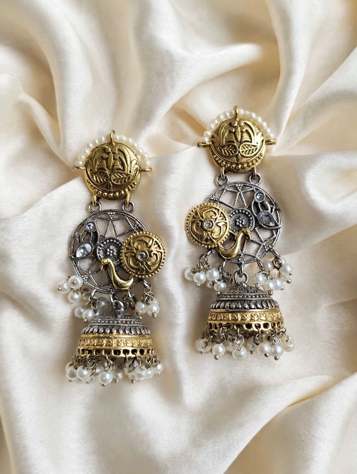 Dual Tone Peacock Jhumka Earrings